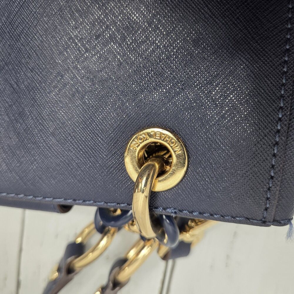 Michael Kors Saffiano Leather Cynthia Convertible Satchel Bag Small Navy Blue - Picture 12 of 16